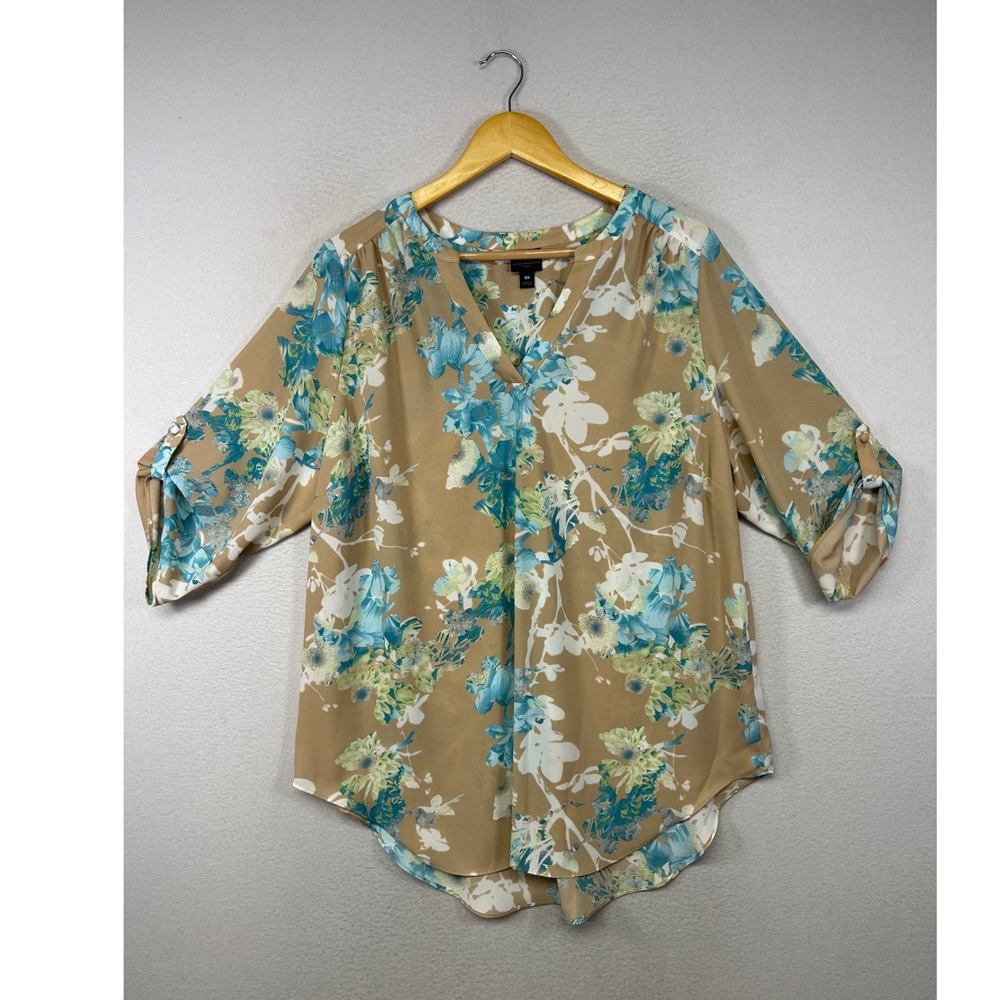 Cottagecore Worthington Womens 0X Tan Teal Floral Roll Tab V-Neck Blouse Tunic